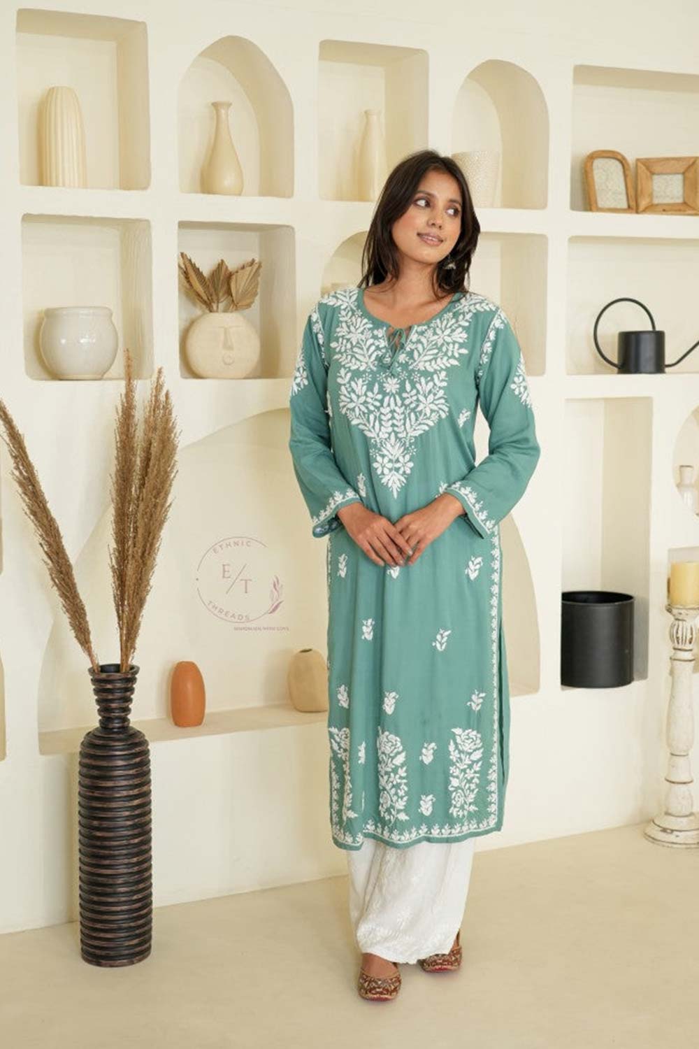 Gul dori chikankari modal kurti in Green