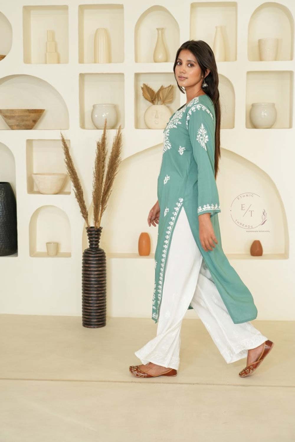 Gul dori chikankari modal kurti in Green