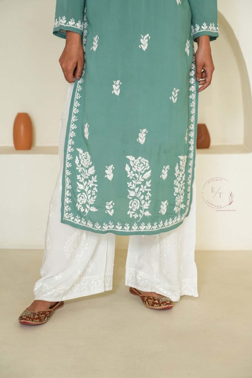 Gul dori chikankari modal kurti in Green