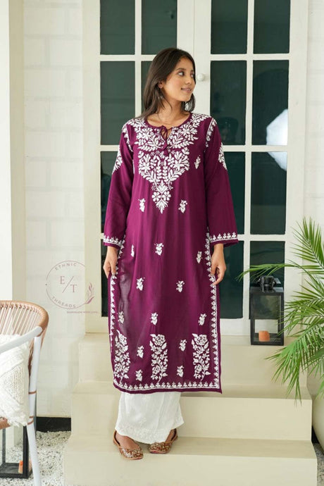 Gul dori chikankari modal kurti in Wine