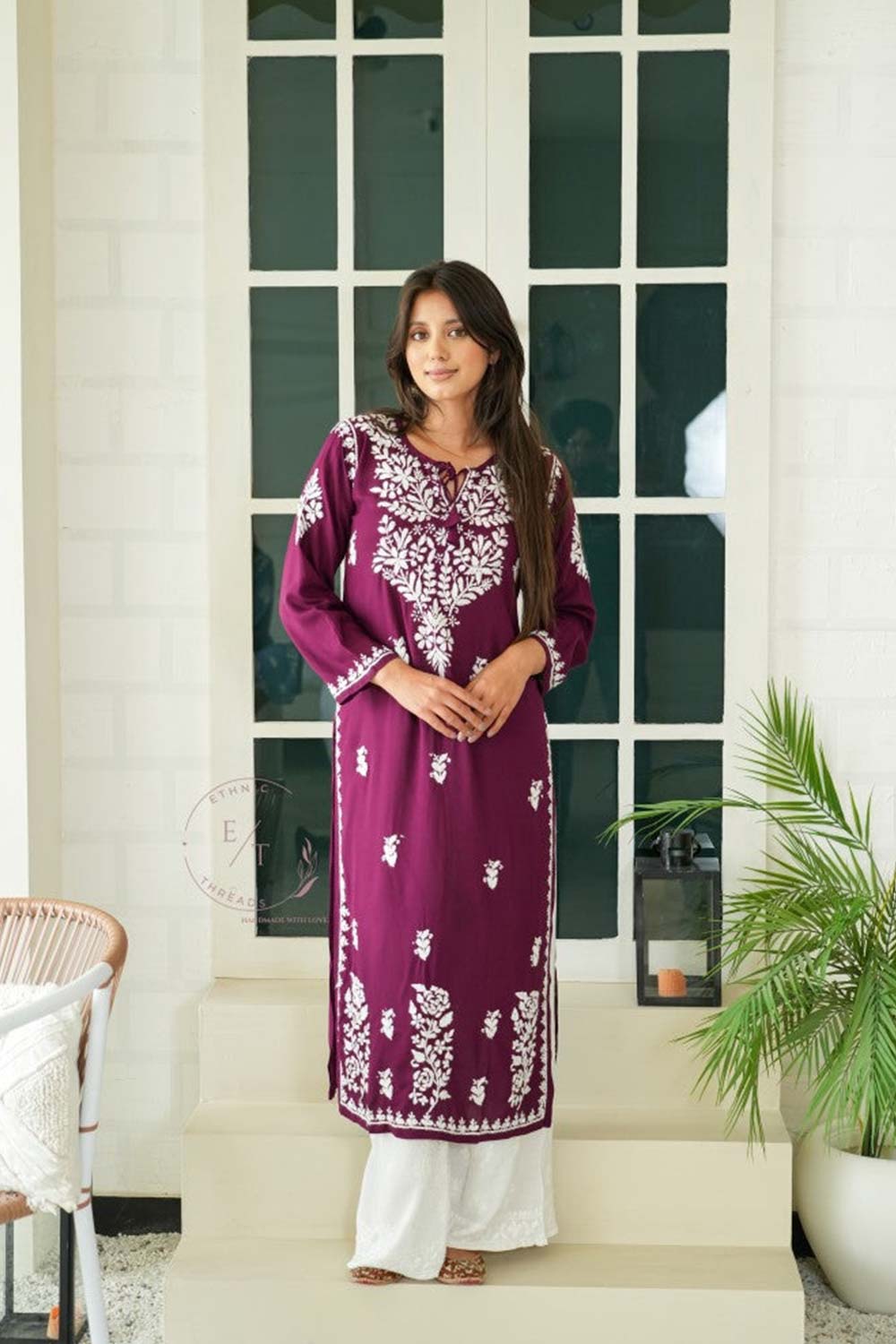 Gul dori chikankari modal kurti in Wine