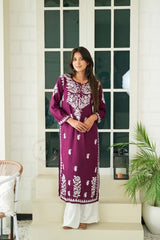 Gul dori chikankari modal kurti in Wine