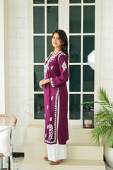 Gul dori chikankari modal kurti in Wine