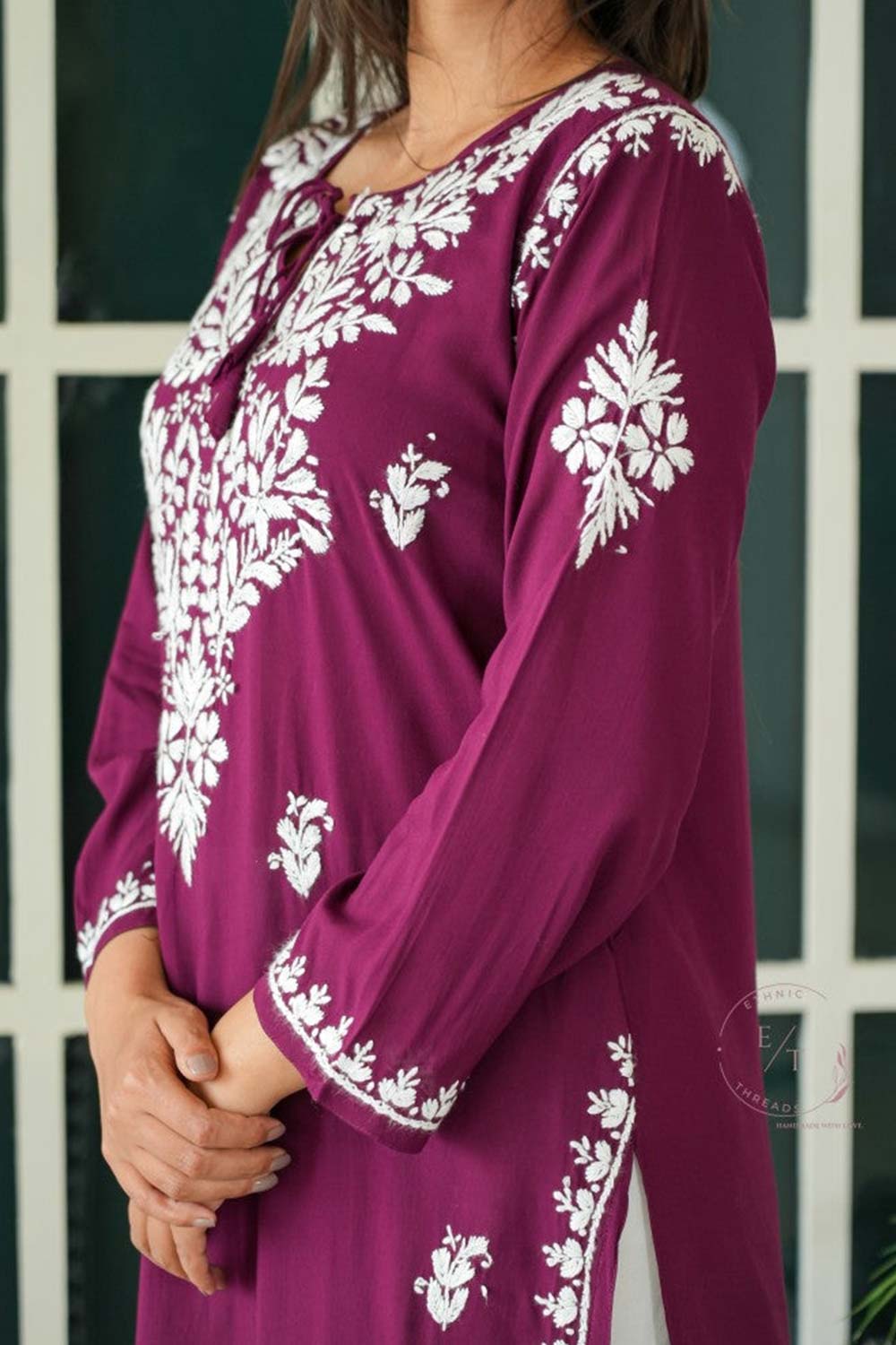 Gul dori chikankari modal kurti in Wine