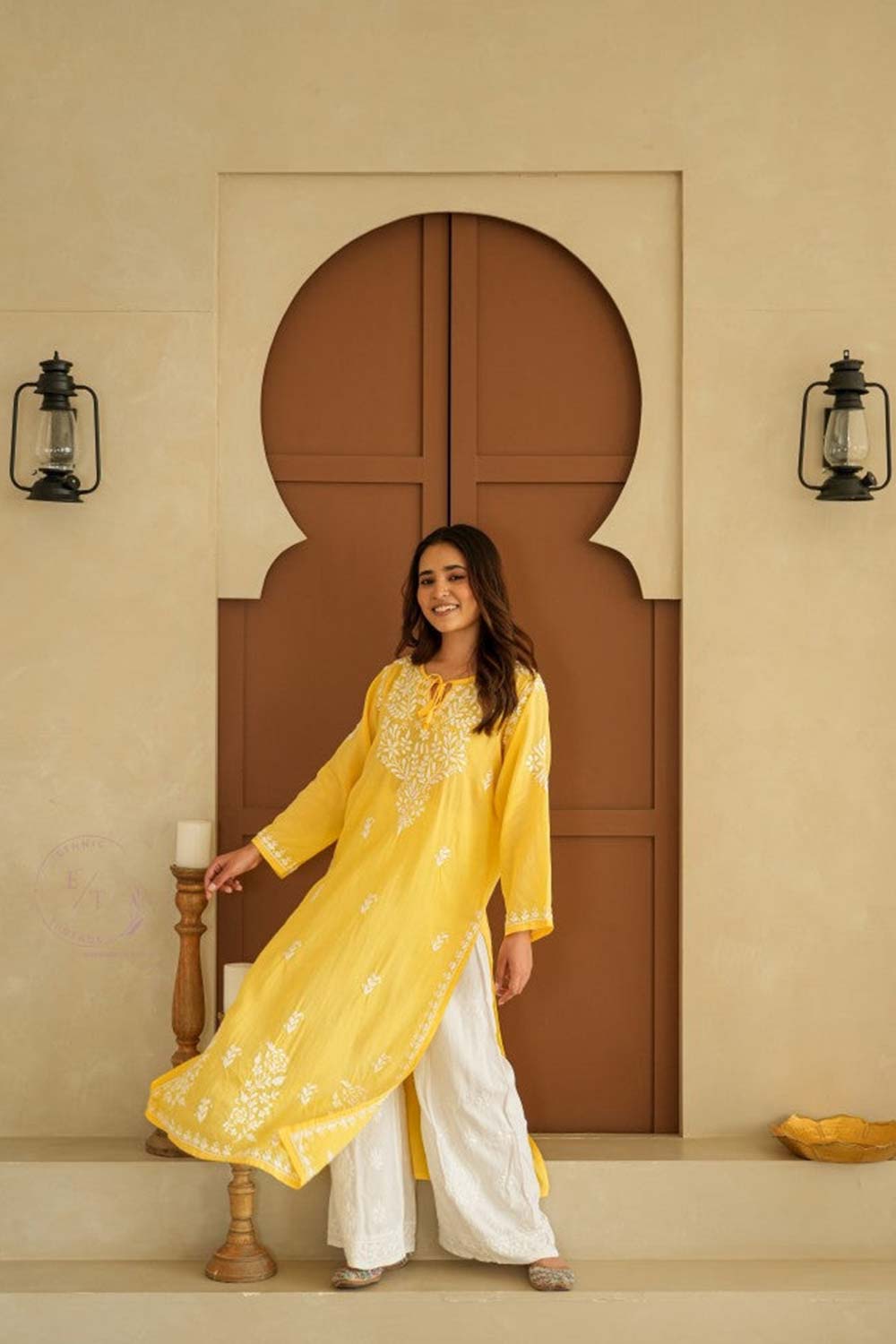 Gul dori chikankari modal kurti in Yellow