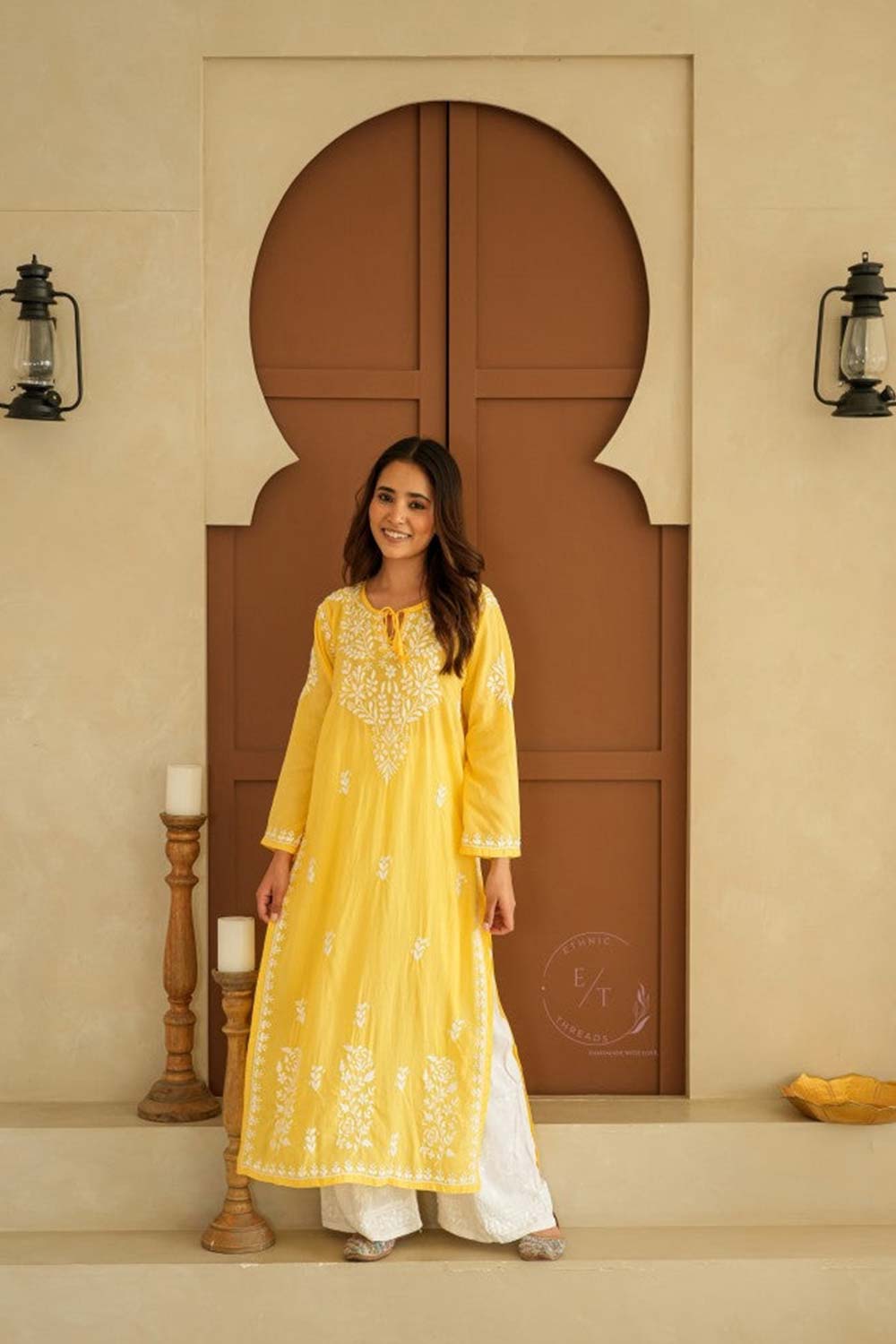 Gul dori chikankari modal kurti in Yellow