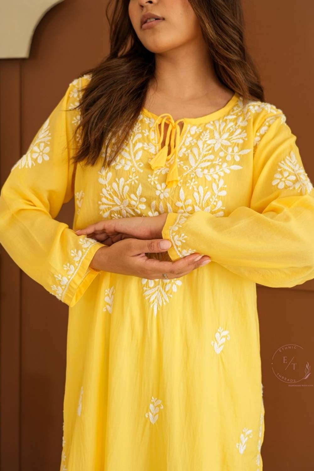 Gul dori chikankari modal kurti in Yellow