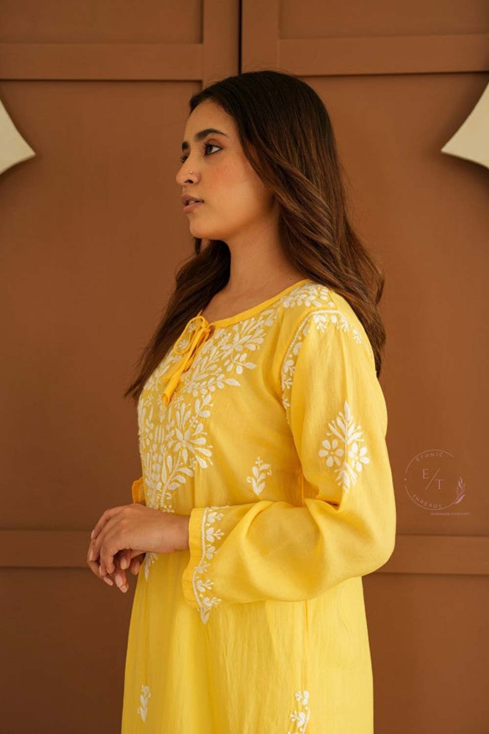 Gul dori chikankari modal kurti in Yellow