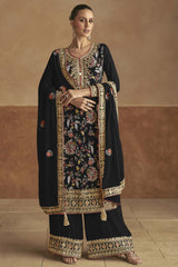 Black Chinon Embroidered Mirror Work Palazzo Suit