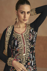 Black Chinon Embroidered Mirror Work Palazzo Suit