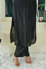 Gulmohar chinon chikankari 3 pc set in Black