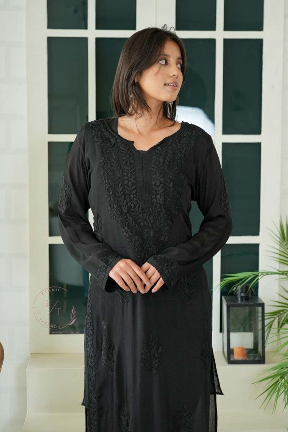 Gulmohar chinon chikankari Kurti in Black