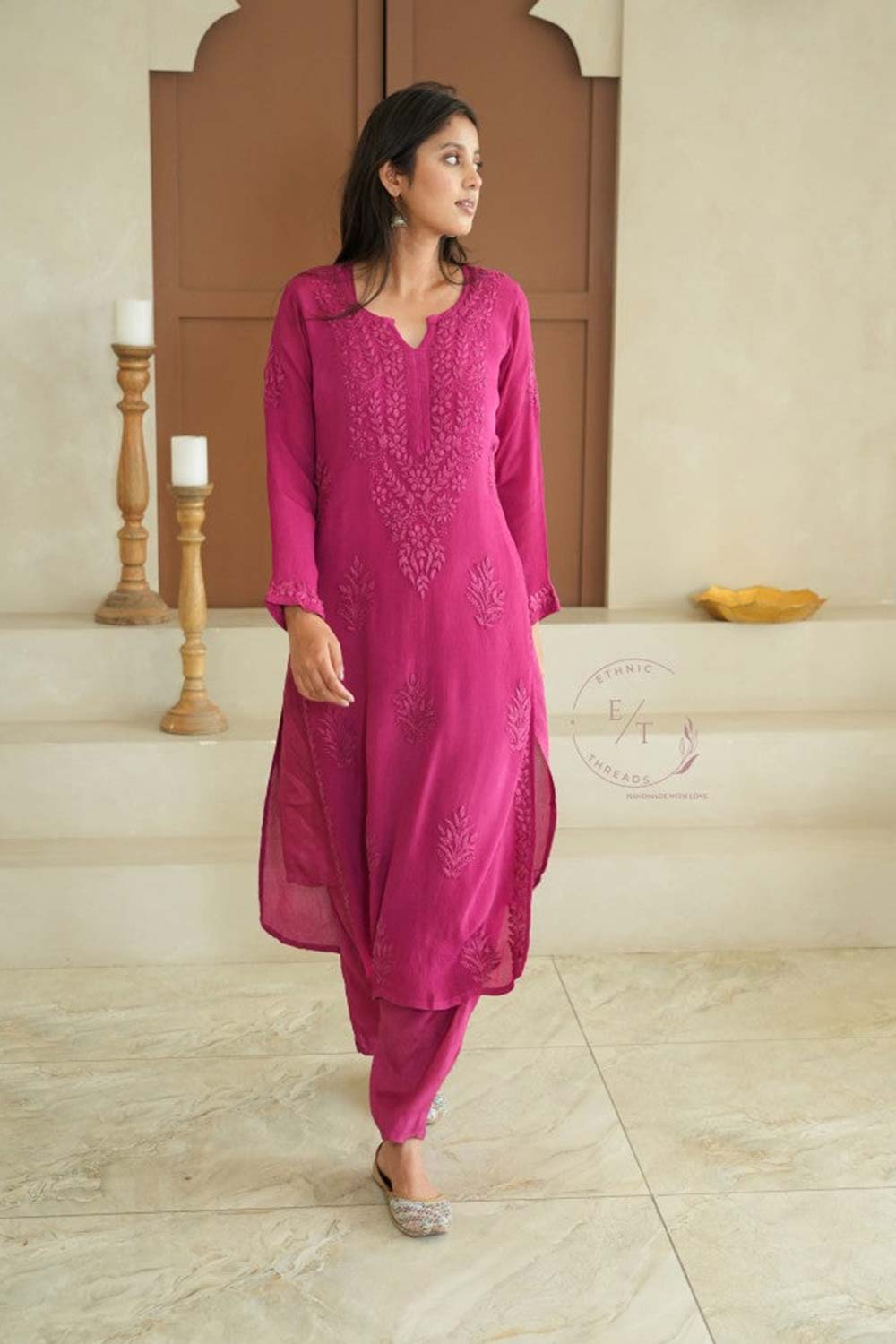 Gulmohar chinon chikankari 3 pc set in Magenta