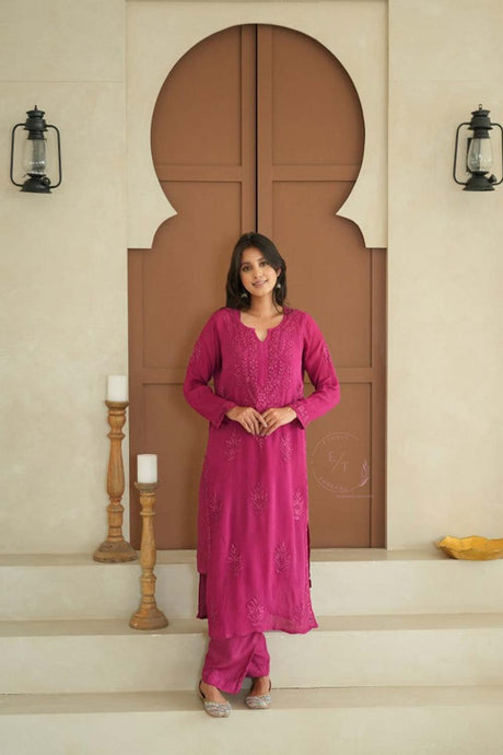 Gulmohar chinon chikankari 3 pc set in Magenta