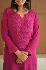 Gulmohar chinon chikankari 3 pc set in Magenta