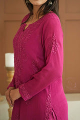 Gulmohar chinon chikankari 3 pc set in Magenta