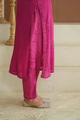 Gulmohar chinon chikankari 3 pc set in Magenta