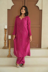 Gulmohar chinon chikankari 3 pc set in Magenta