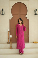 Gulmohar chinon chikankari 3 pc set in Magenta