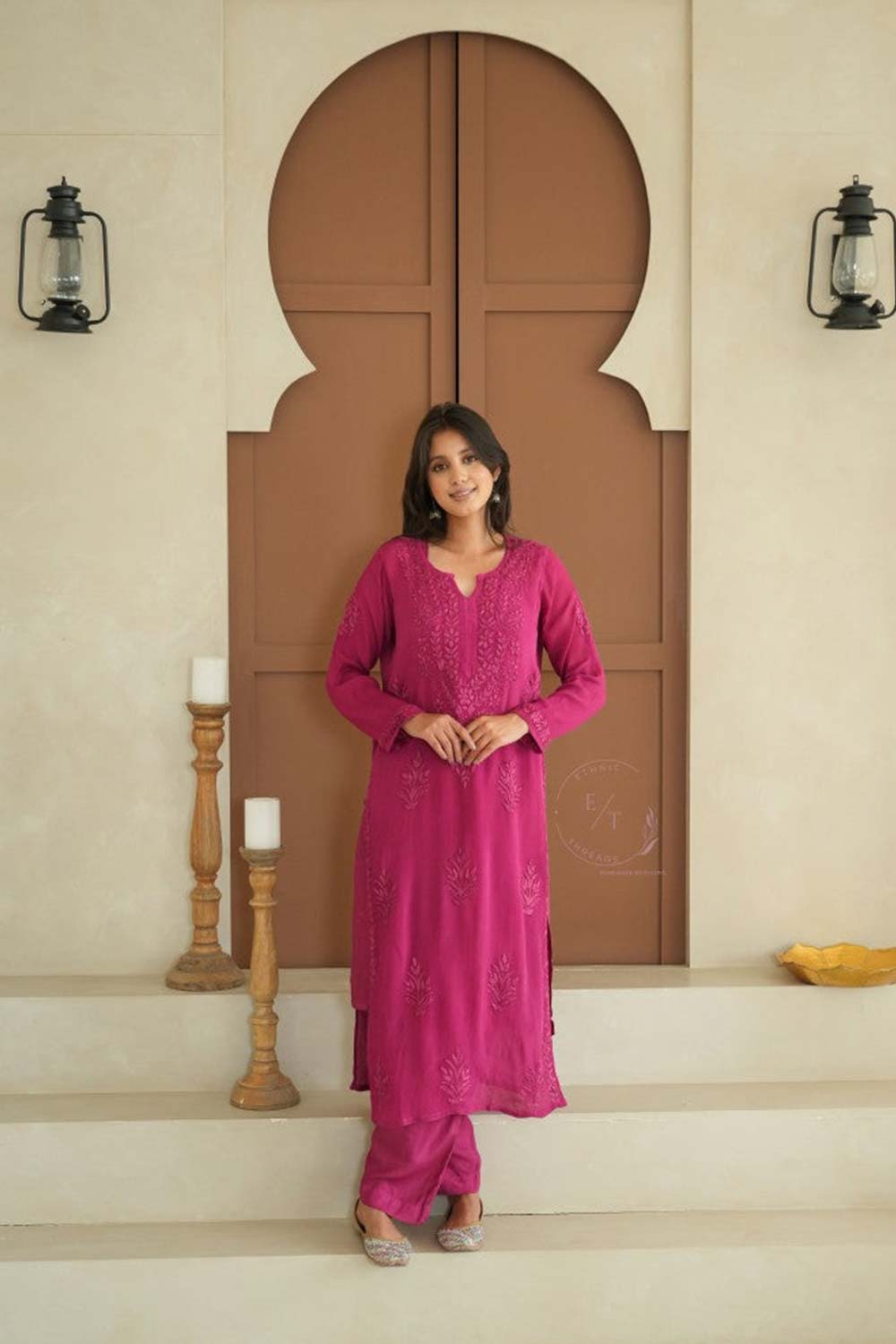 Gulmohar chinon chikankari Kurti in Magenta