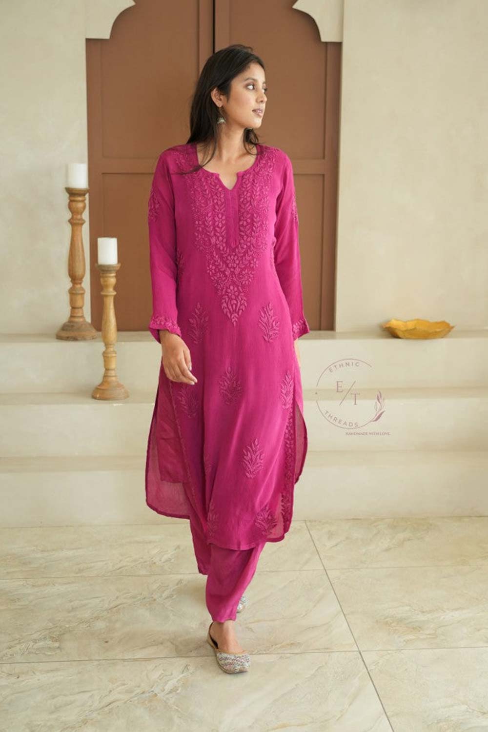 Gulmohar chinon chikankari Kurti in Magenta