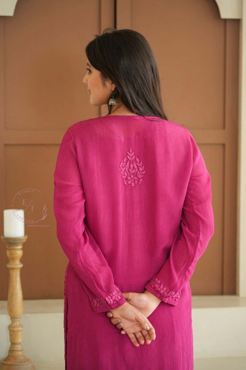 Gulmohar chinon chikankari Kurti in Magenta