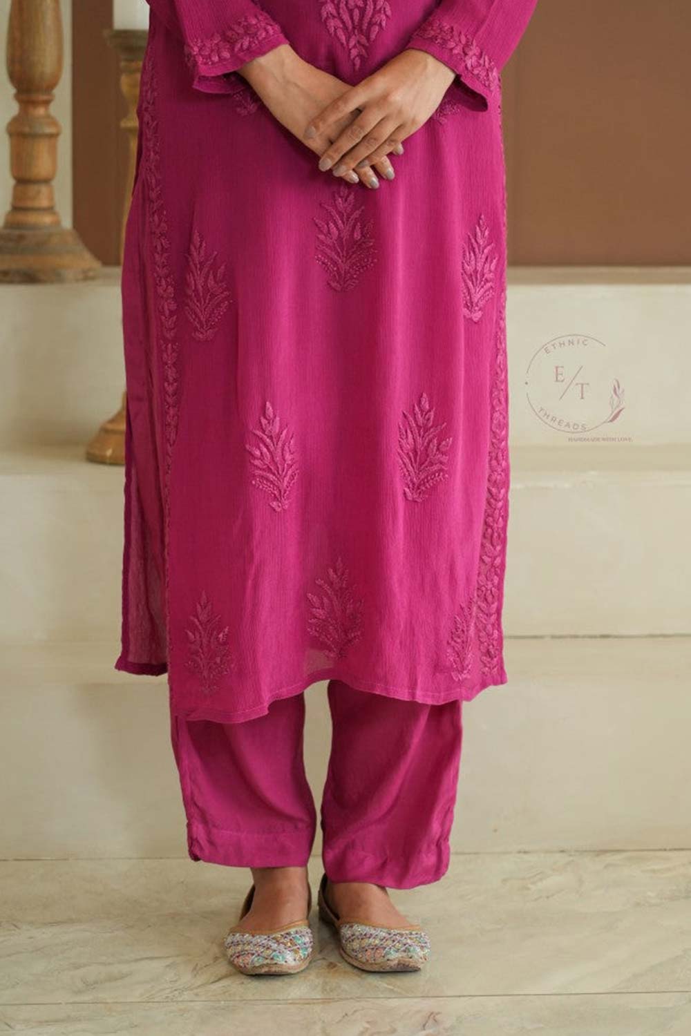 Gulmohar chinon chikankari Kurti in Magenta