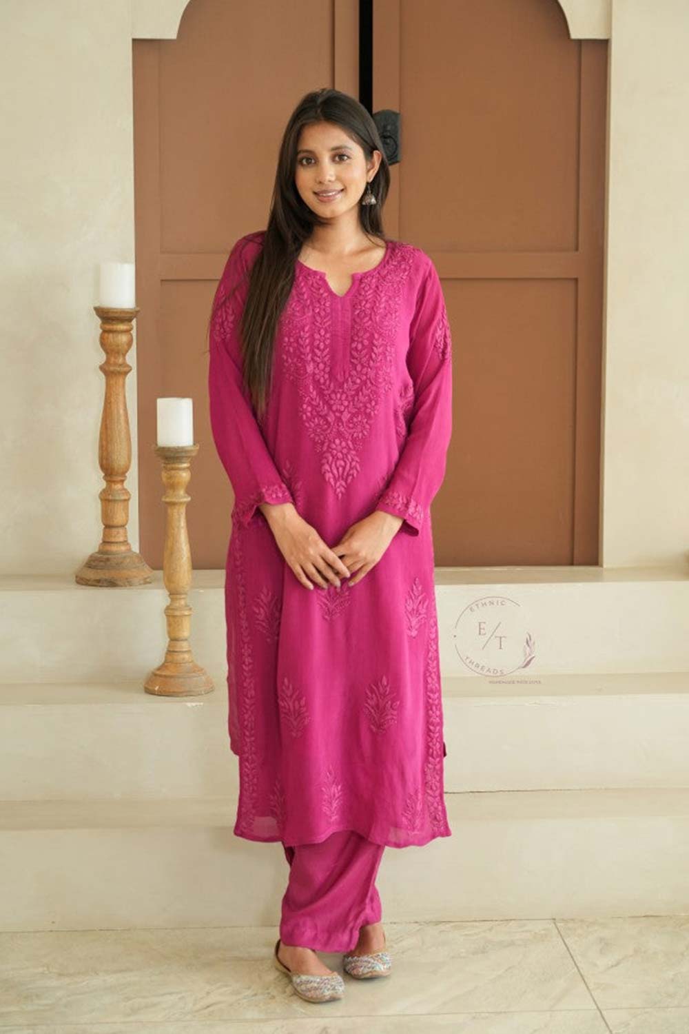 Gulmohar chinon chikankari Kurti in Magenta