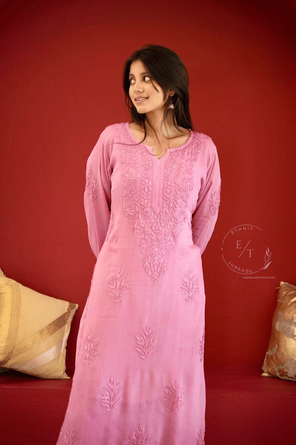 Gulmohar chinon chikankari 3 pc set in pink