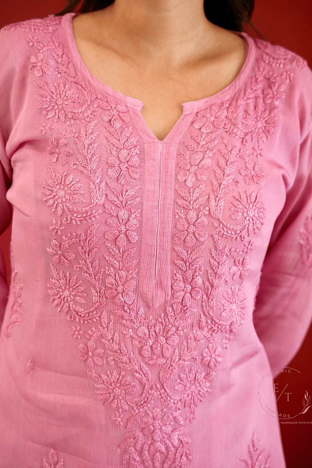 Gulmohar chinon chikankari 3 pc set in pink