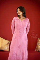 Gulmohar chinon chikankari Kurti in Pink