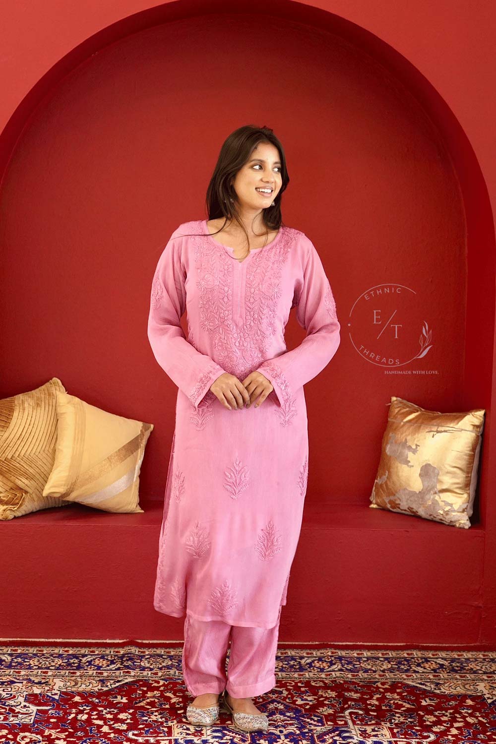 Gulmohar chinon chikankari Kurti in Pink