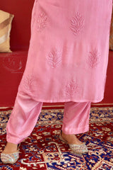 Gulmohar chinon chikankari Kurti in Pink