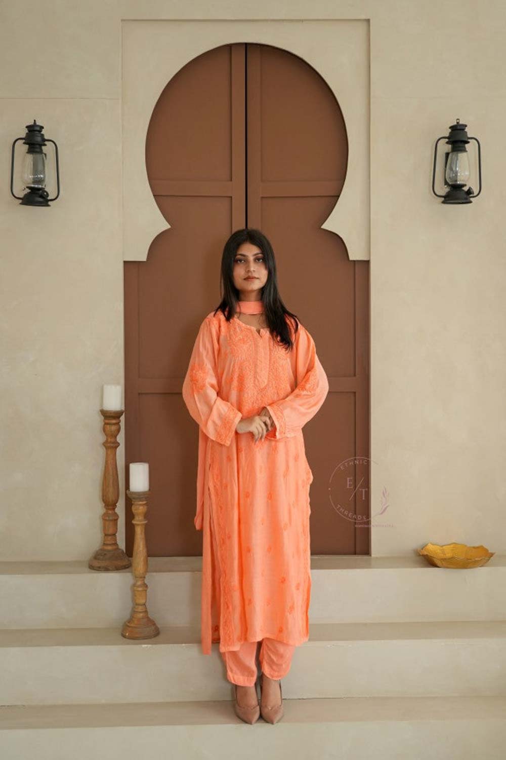 Hayat Chikankari muslin silk Kurti in Orange