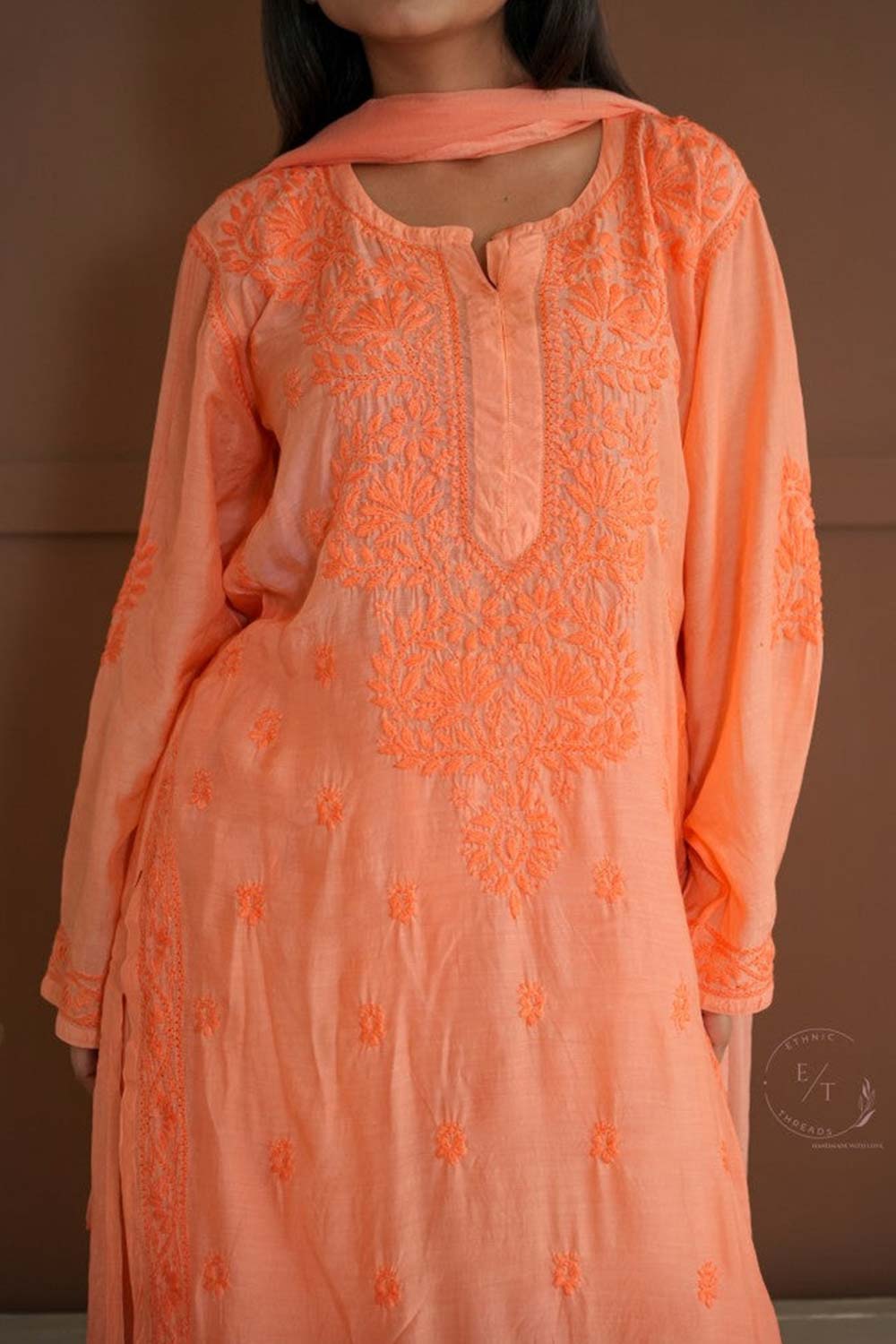 Hayat Chikankari muslin silk Kurti in Orange