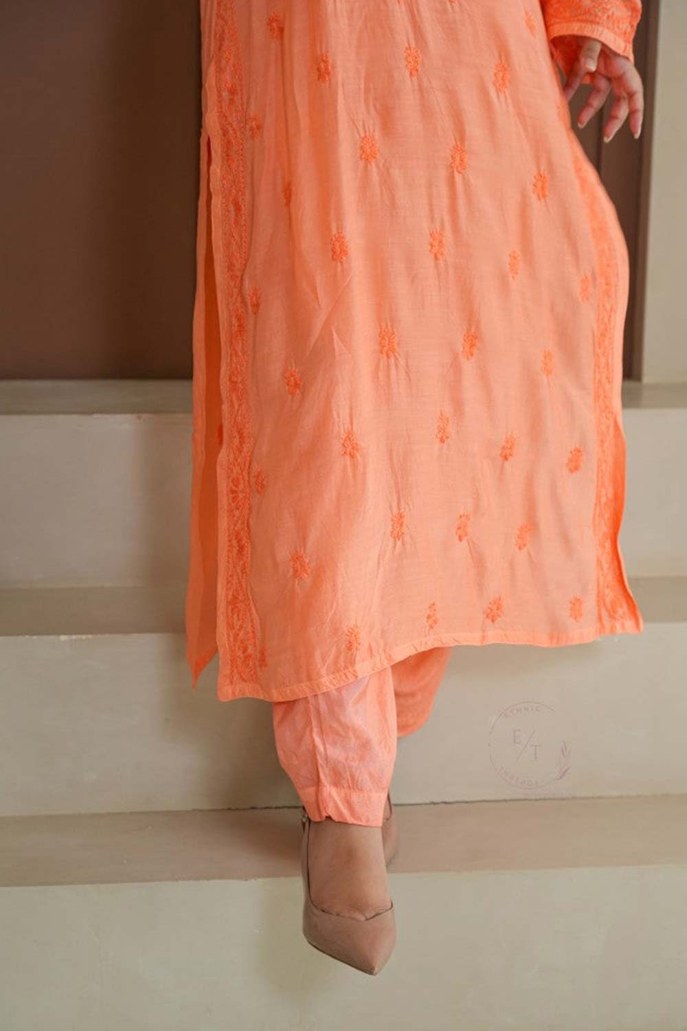 Hayat Chikankari muslin silk Kurti in Orange