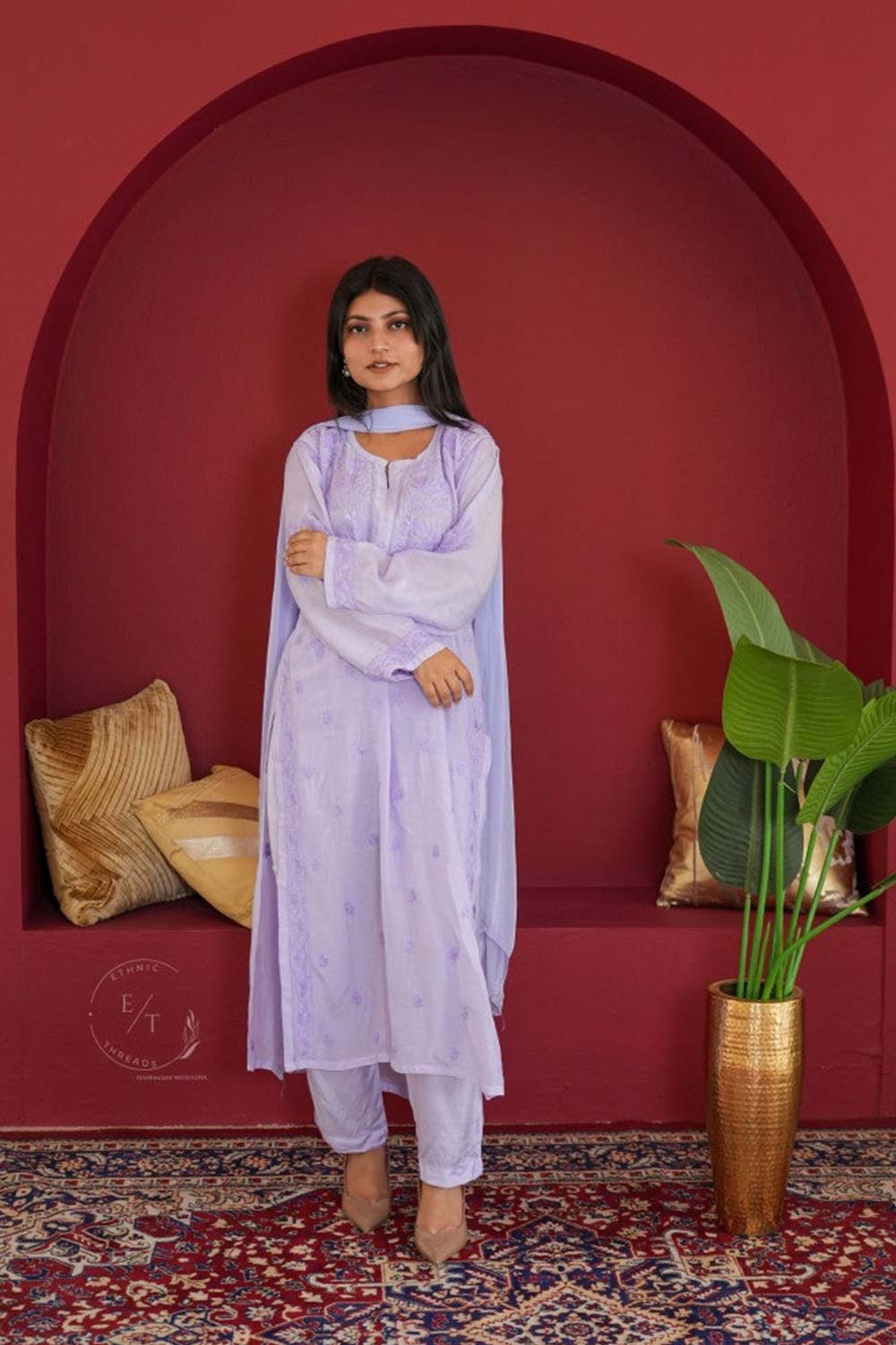 Hayat Chikankari muslin silk 3 pc set in Lavender