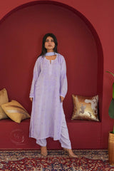 Hayat Chikankari muslin silk 3 pc set in Lavender