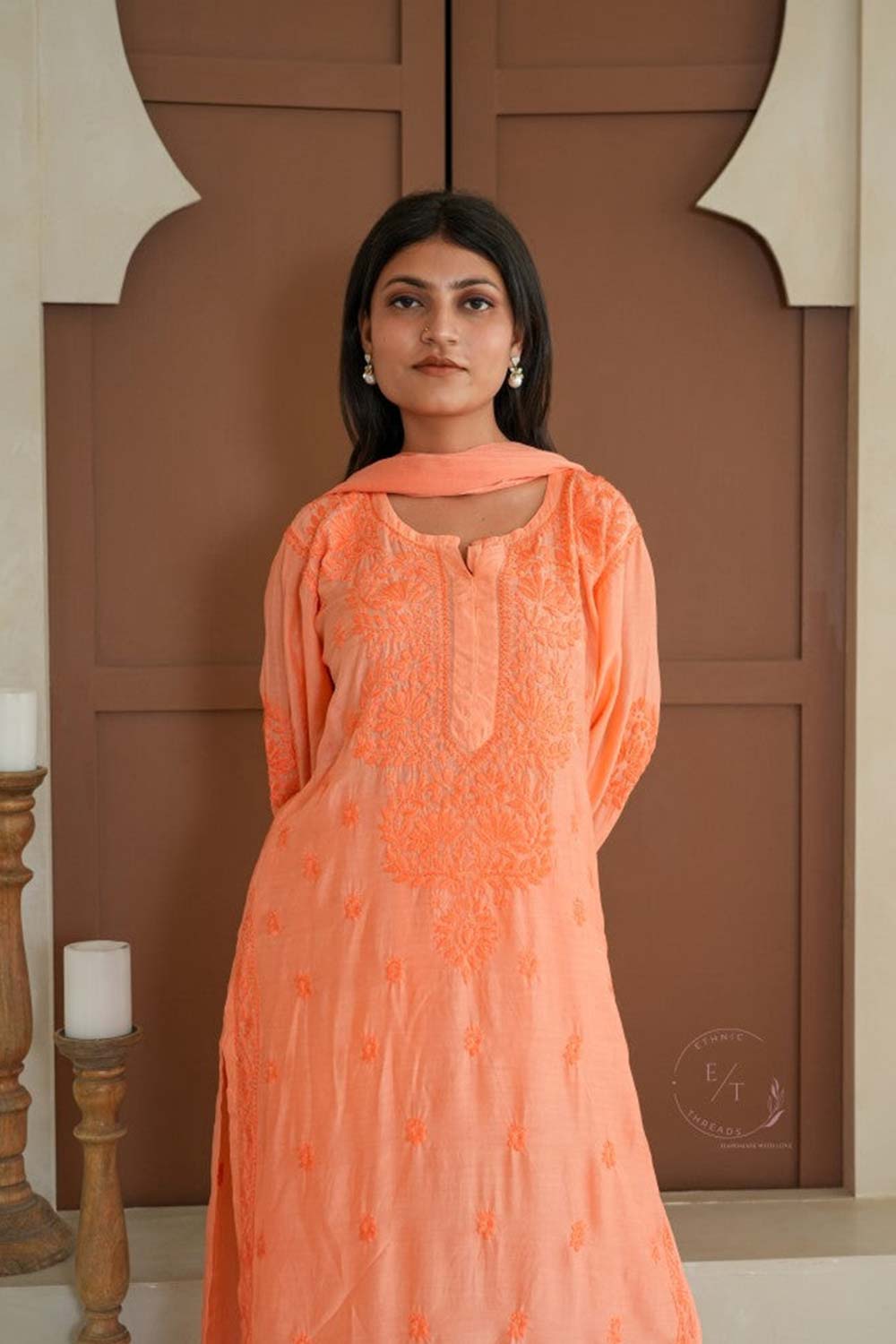 Hayat Chikankari muslin silk 3 pc set in Orange