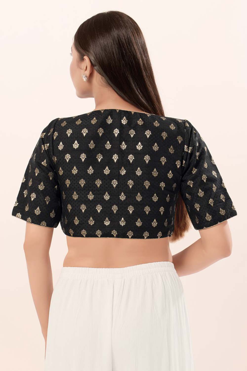 Black Brocade V-Neck Elbow Sleeves Blouse