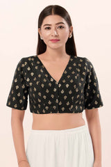 Black Brocade V-Neck Elbow Sleeves Blouse