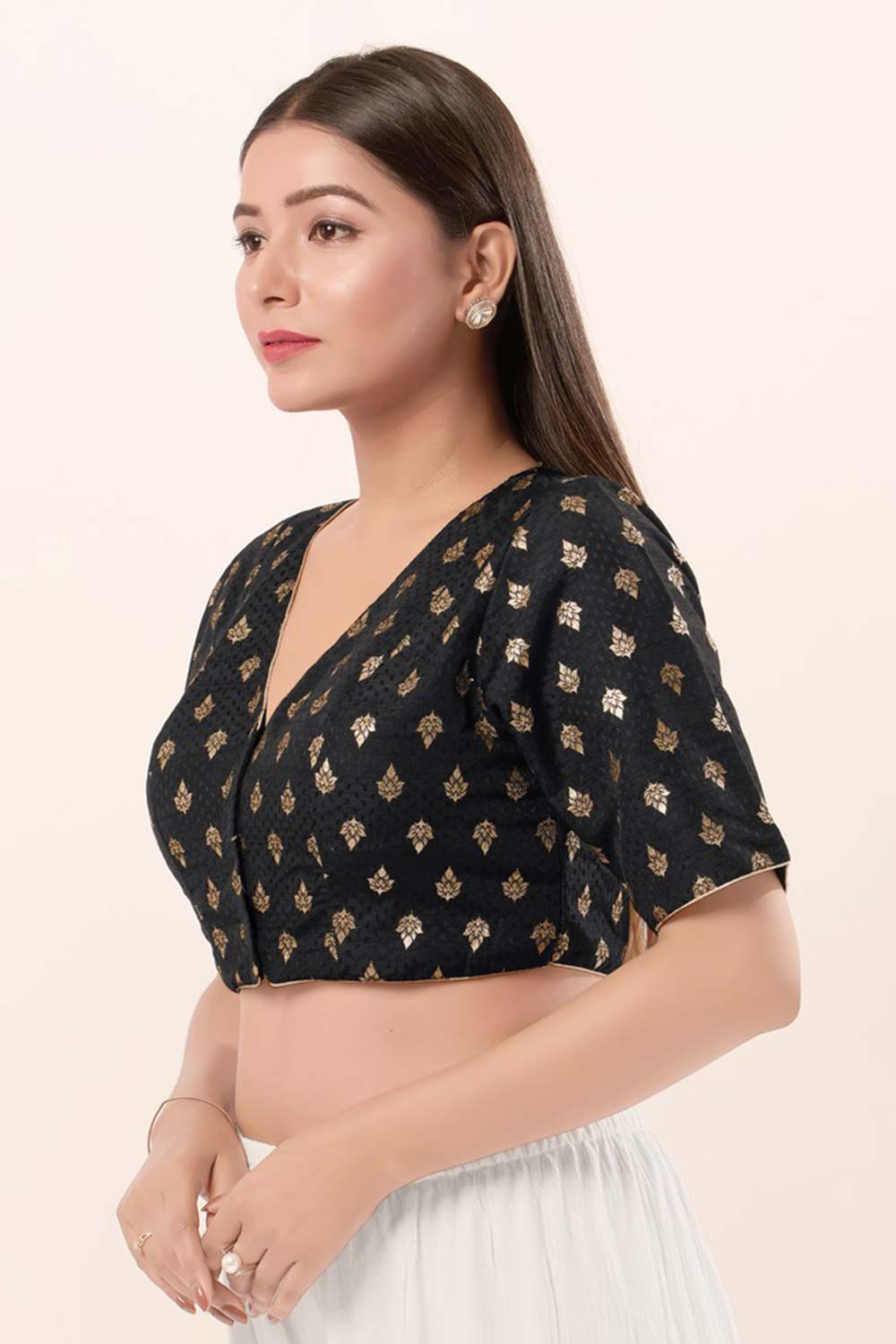 Black Brocade V-Neck Elbow Sleeves Blouse