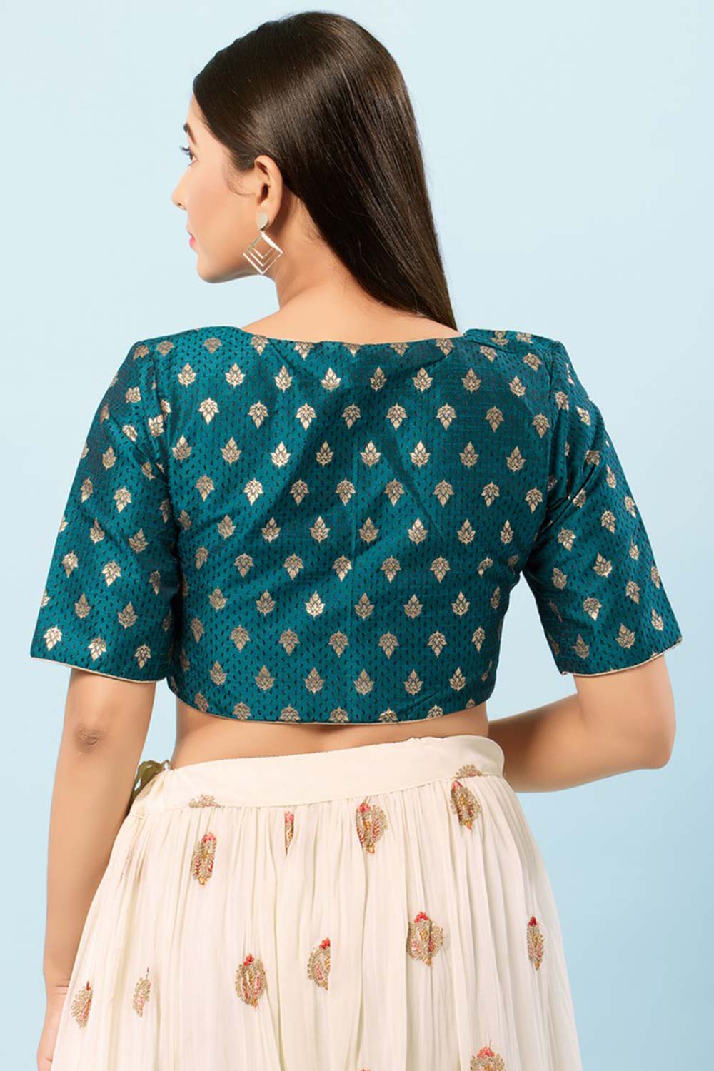 Teal Brocade V-Neck Elbow Sleeves Blouse