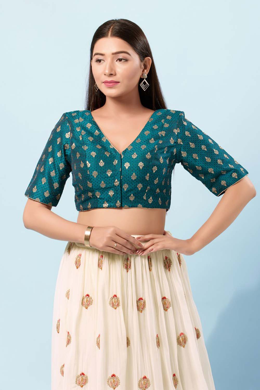 Teal Brocade V-Neck Elbow Sleeves Blouse