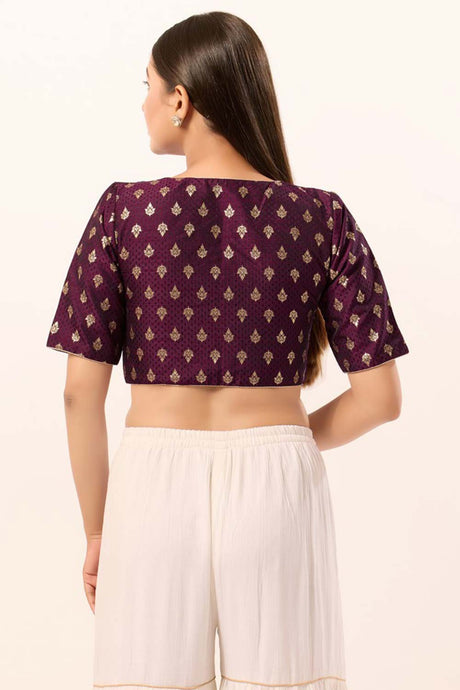 Wine Brocade V-Neck Elbow Sleeves Blouse