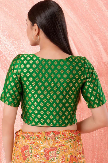 Green Brocade V-Neck Elbow Sleeves Blouse