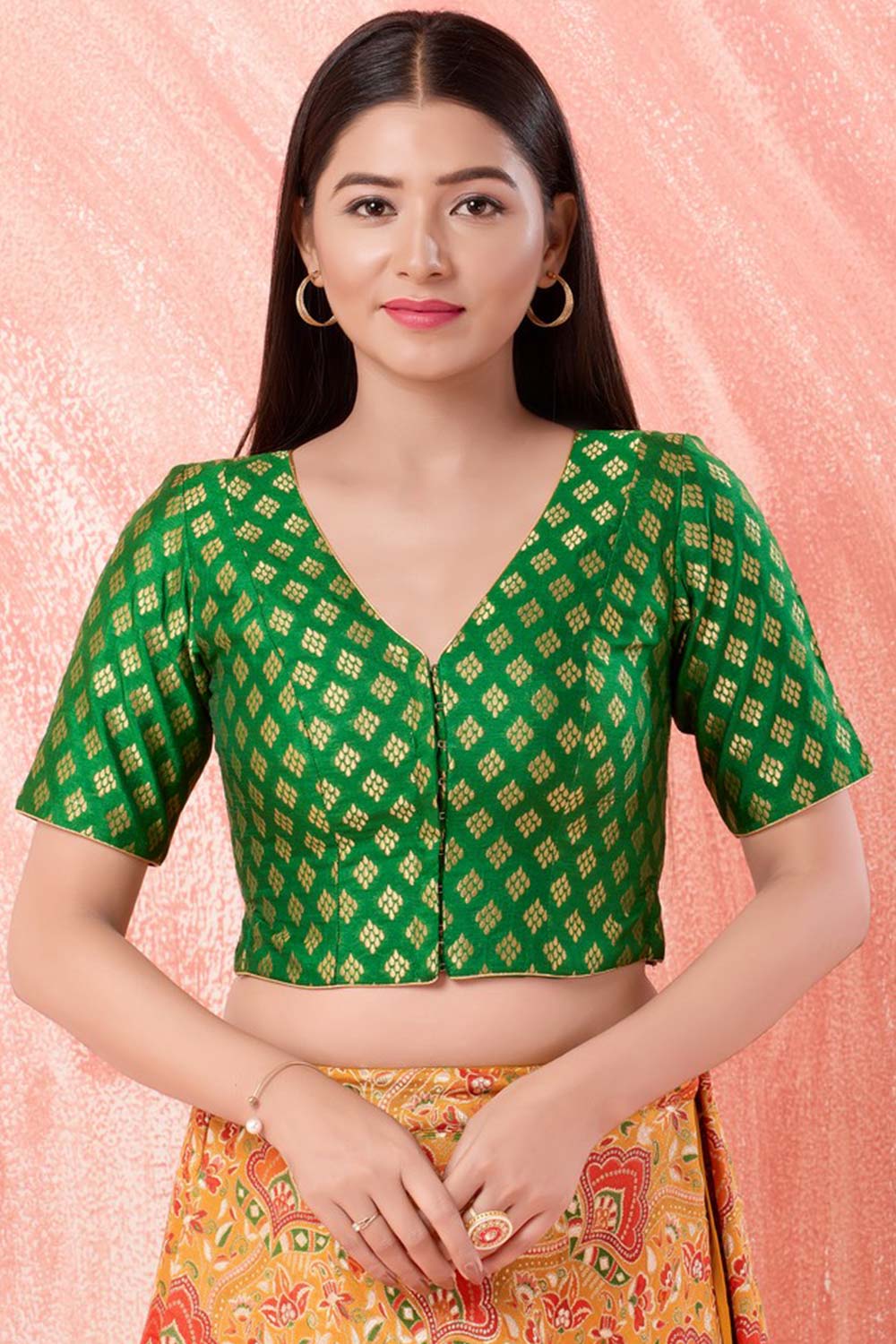 Green Brocade V-Neck Elbow Sleeves Blouse