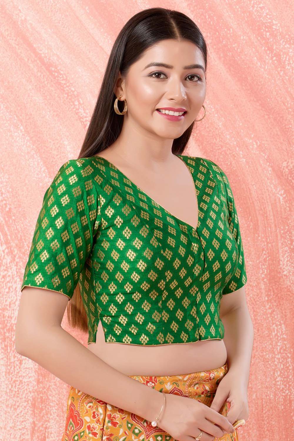 Green Brocade V-Neck Elbow Sleeves Blouse