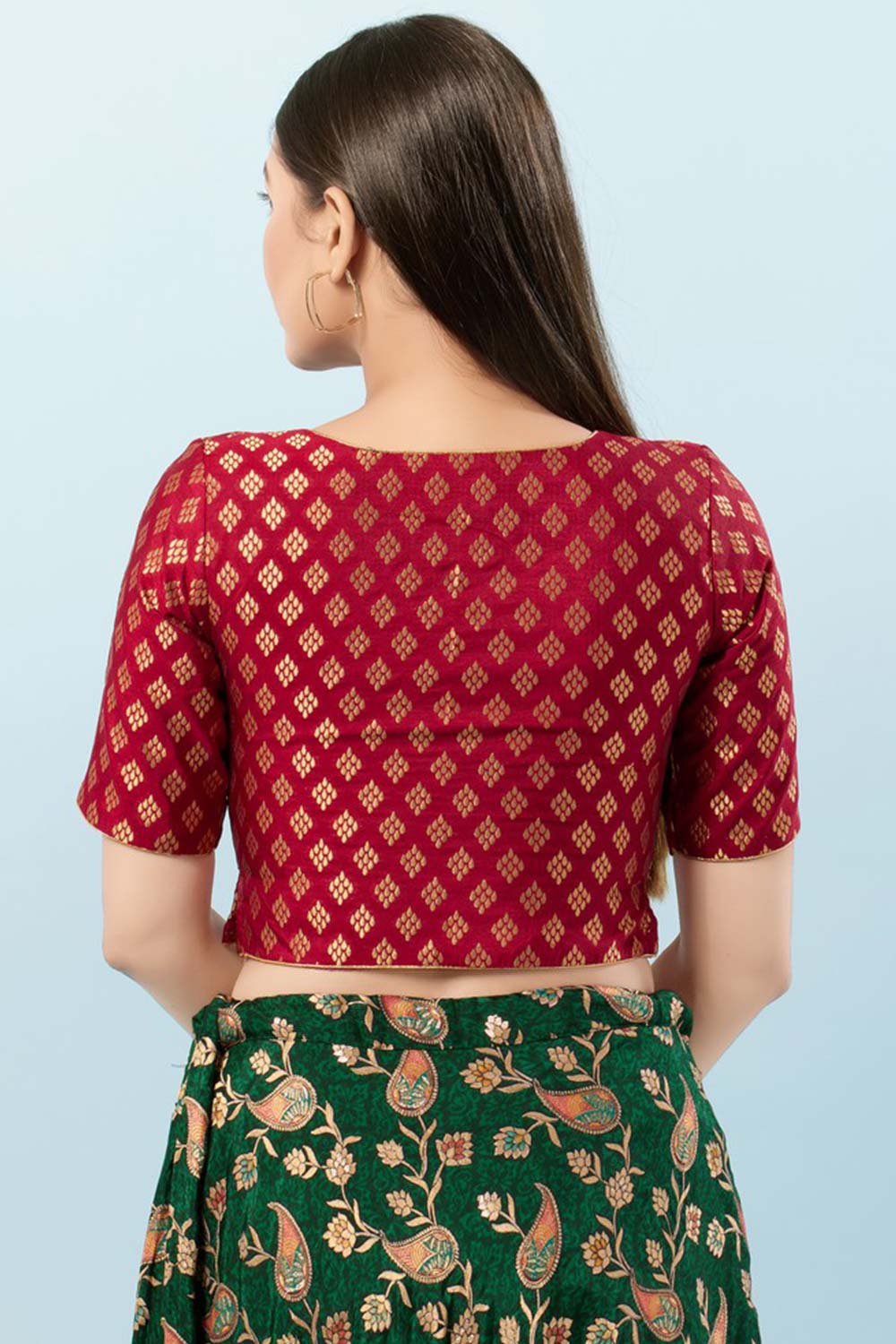 Maroon Brocade V-Neck Elbow Sleeves Blouse