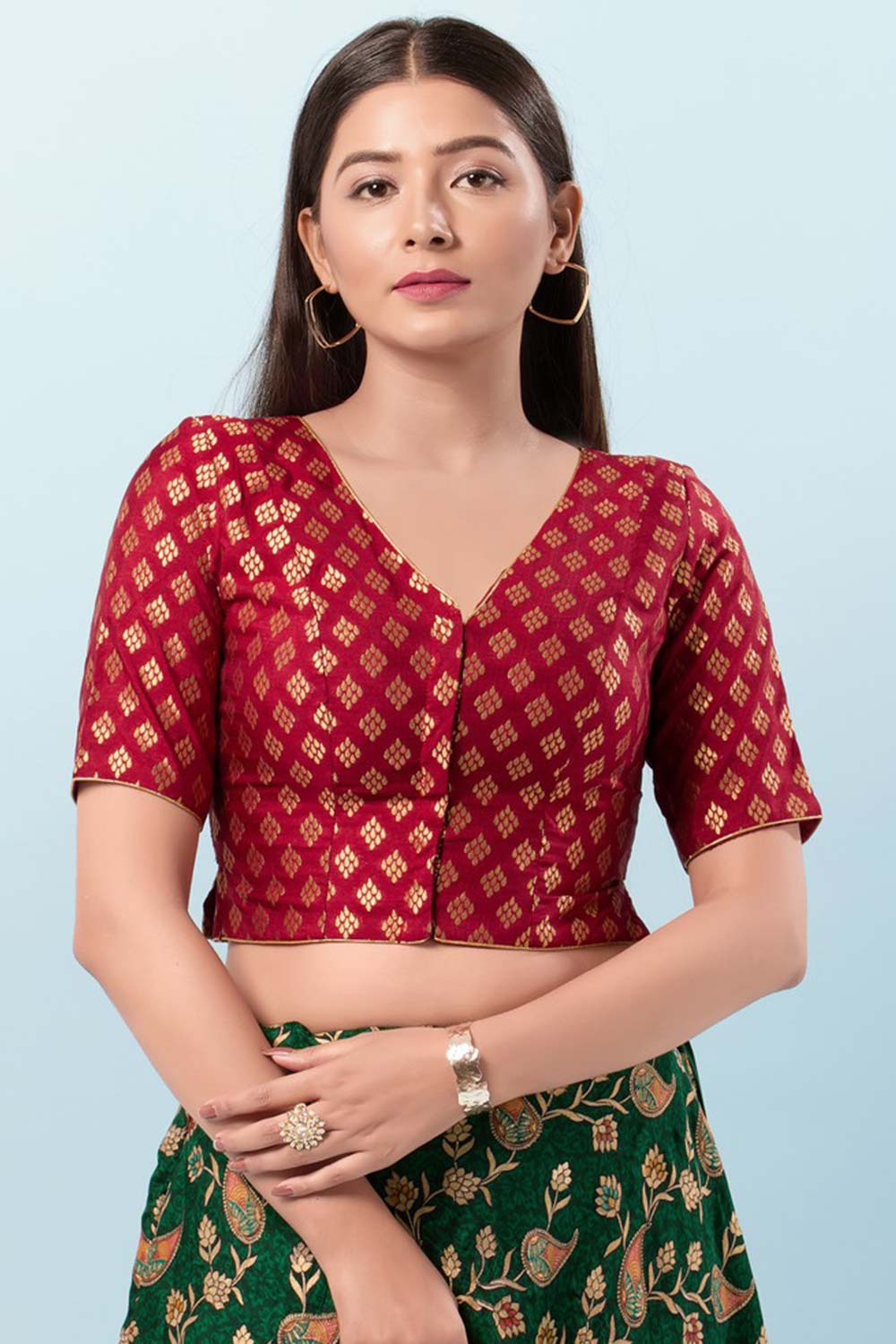 Maroon Brocade V-Neck Elbow Sleeves Blouse